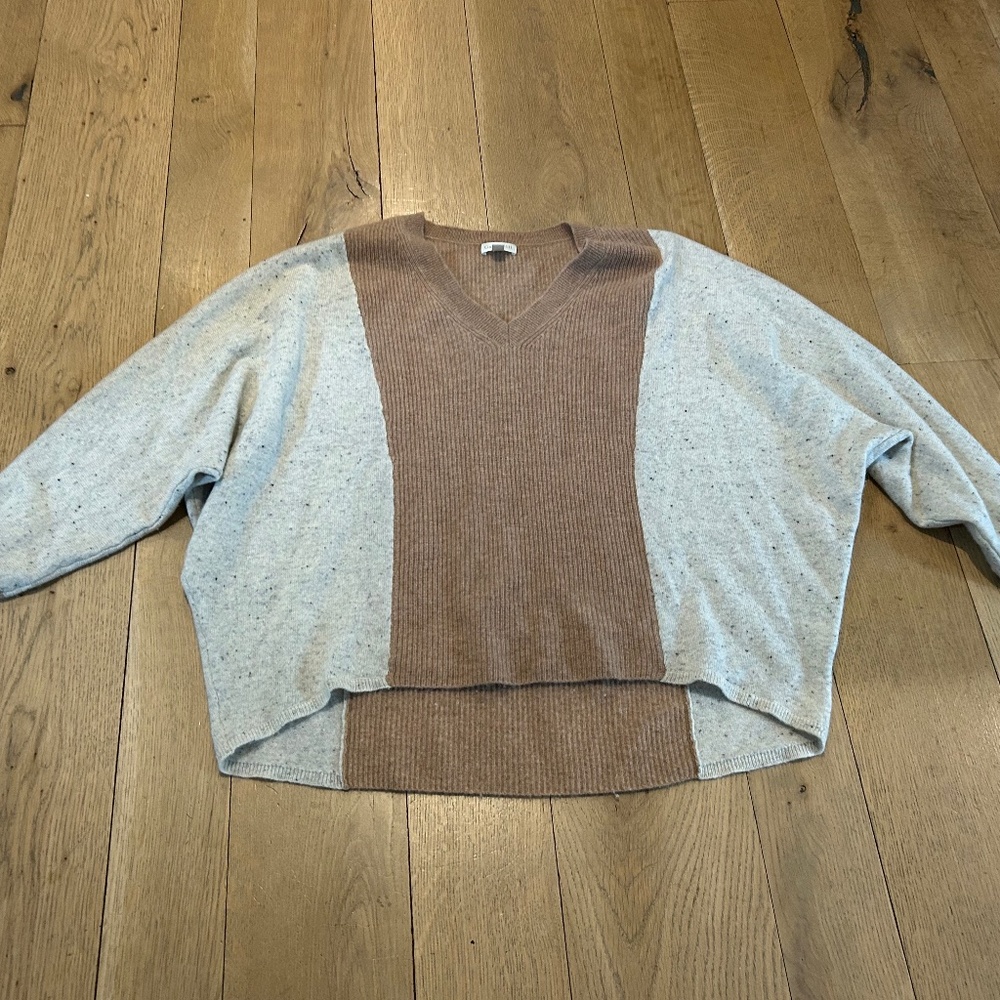 GARNET HILL WOMEN'S CASHMERE BROWN BEIGE CREAM V NECK SWEATER SMALL S